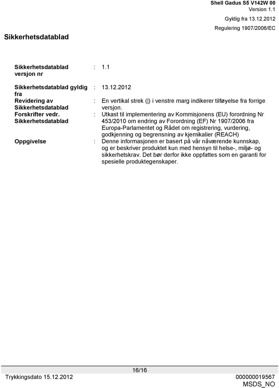 : Utkast til implementering av Kommisjonens (EU) forordning Nr 453/2010 om endring av Forordning (EF) Nr 1907/2006 fra Europa-Parlamentet og Rådet om registrering,