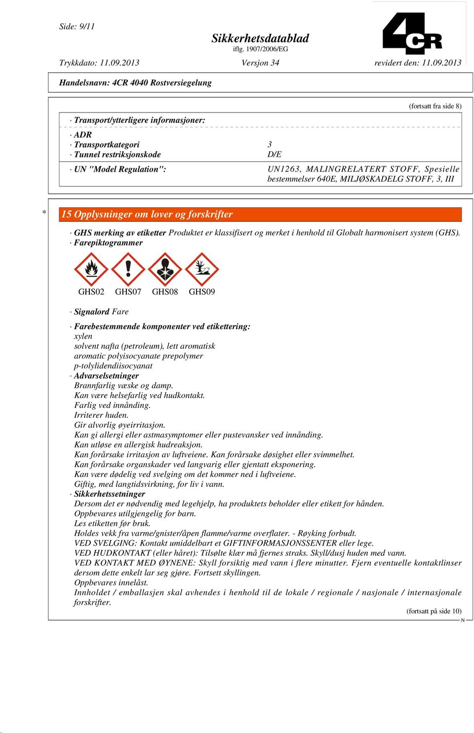 Farepiktogrammer GHS02 GHS07 GHS08 GHS09 Signalord Fare Farebestemmende komponenter ved etikettering: xylen solvent nafta (petroleum), lett aromatisk aromatic polyisocyanate prepolymer