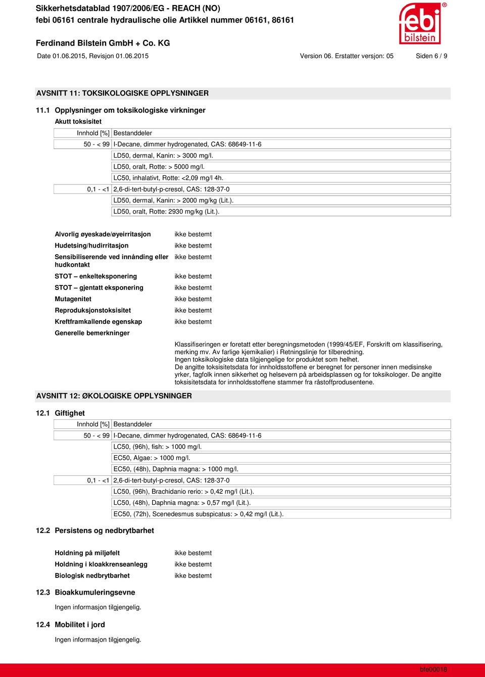 LC50, inhalativt, Rotte: <2,09 mg/l 4h. 0,1 - <1 2,6-di-tert-butyl-p-cresol, CAS: 128-37-0 LD50, dermal, Kanin: > 2000 mg/kg (Lit.).