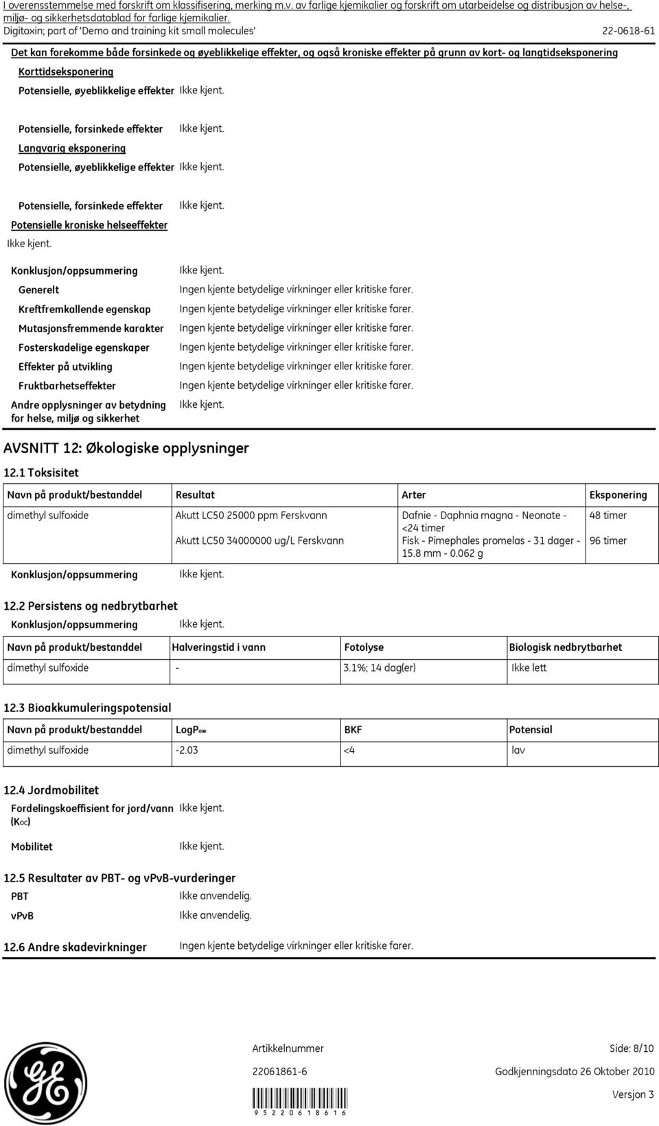 egenskap Mutasjonsfremmende karakter Fosterskadelige egenskaper Effekter på utvikling Fruktbarhetseffekter Andre opplysninger av betydning for helse, miljø og sikkerhet AVSNITT 12: Økologiske