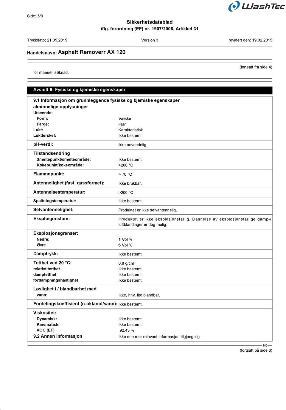 Smeltepunkt/smelteområde: Kokepunkt/kokeområde: >200 C Flammepunkt: > 70 C Antennelighet (fast, gassformet): Ikke brukbar.