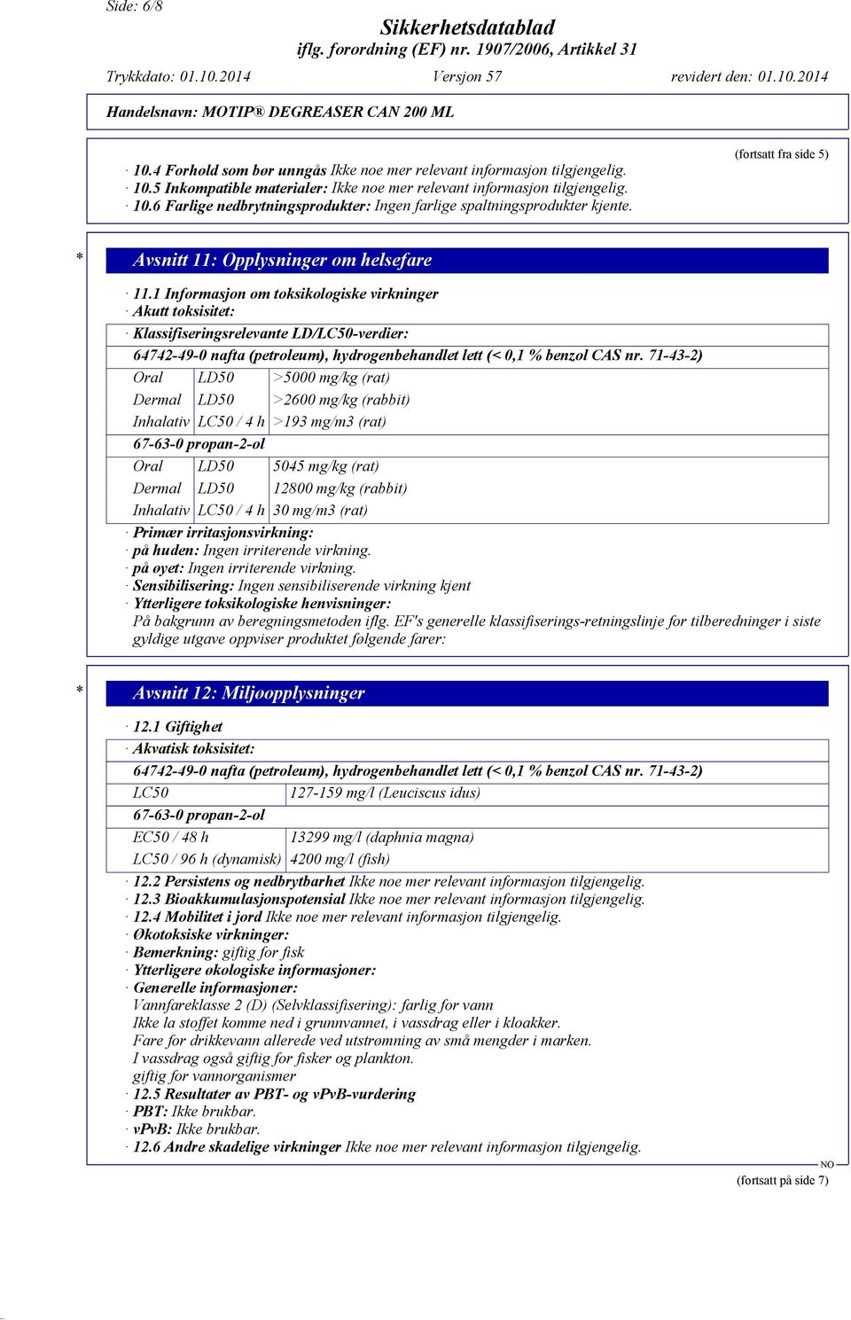 1 Informasjon om toksikologiske virkninger Akutt toksisitet: Klassifiseringsrelevante LD/LC50-verdier: 64742-49-0 nafta (petroleum), hydrogenbehandlet lett (< 0,1 % benzol CAS nr.