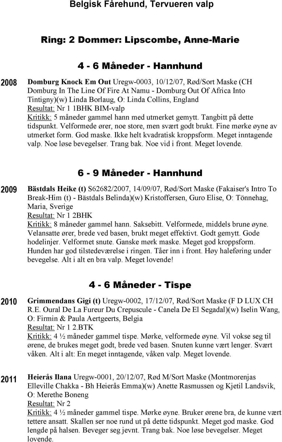 Velformede ører, noe store, men svært godt brukt. Fine mørke øyne av utmerket form. God maske. Ikke helt kvadratisk kroppsform. Meget inntagende valp. Noe løse bevegelser. Trang bak. Noe vid i front.