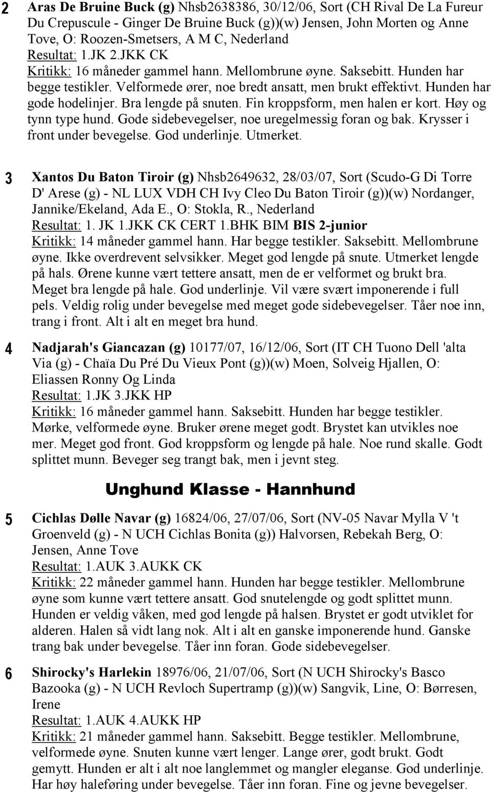 Bra lengde på snuten. Fin kroppsform, men halen er kort. Høy og tynn type hund. Gode sidebevegelser, noe uregelmessig foran og bak. Krysser i front under bevegelse. God underlinje. Utmerket.