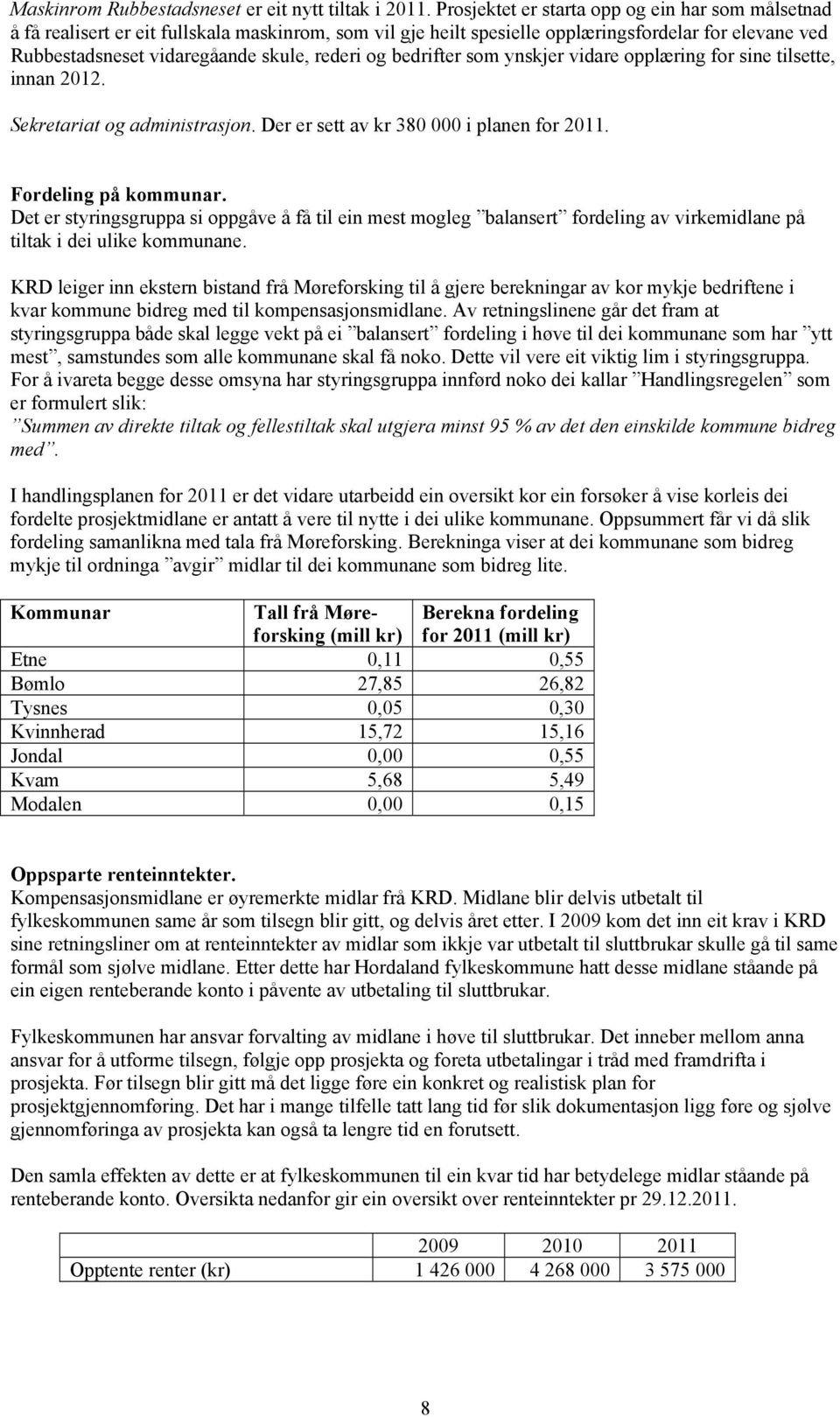 og bedrifter som ynskjer vidare opplæring for sine tilsette, innan 2012. Sekretariat og administrasjon. Der er sett av kr 380 000 i planen for 2011. Fordeling på kommunar.