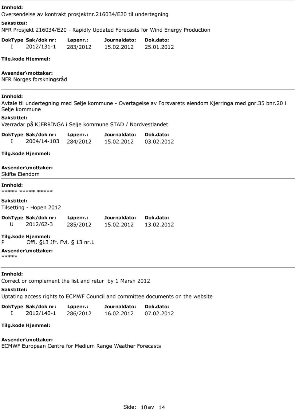 20 i Selje kommune Værradar på KJERRNGA i Selje kommune STAD / Nordvestlandet 2004/14-103 284/2012 15.02.