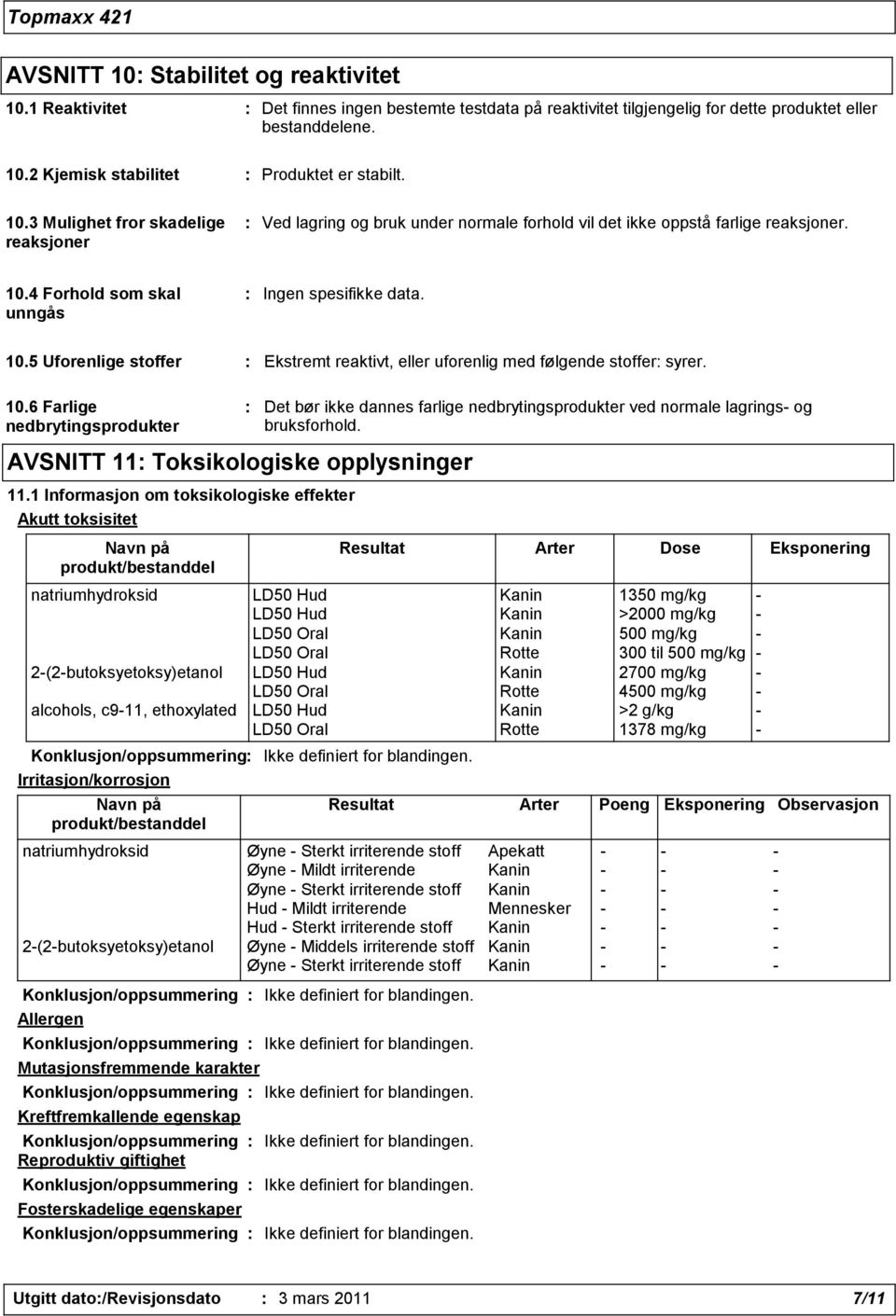 4 Forhold som skal unngås : Ingen spesifikke data. 10.5 Uforenlige stoffer : Ekstremt reaktivt, eller uforenlig med følgende stoffer: syrer. 10.6 Farlige nedbrytingsprodukter : Det bør ikke dannes farlige nedbrytingsprodukter ved normale lagrings- og bruksforhold.