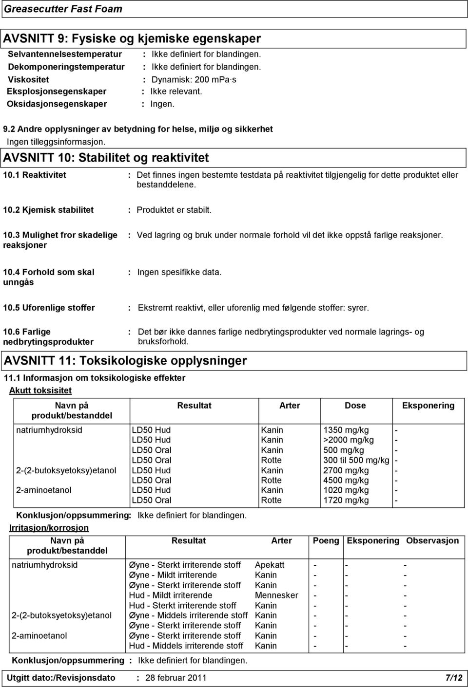 10.3 Mulighet fror skadelige reaksjoner : Ved lagring og bruk under normale forhold vil det ikke oppstå farlige reaksjoner. 10.