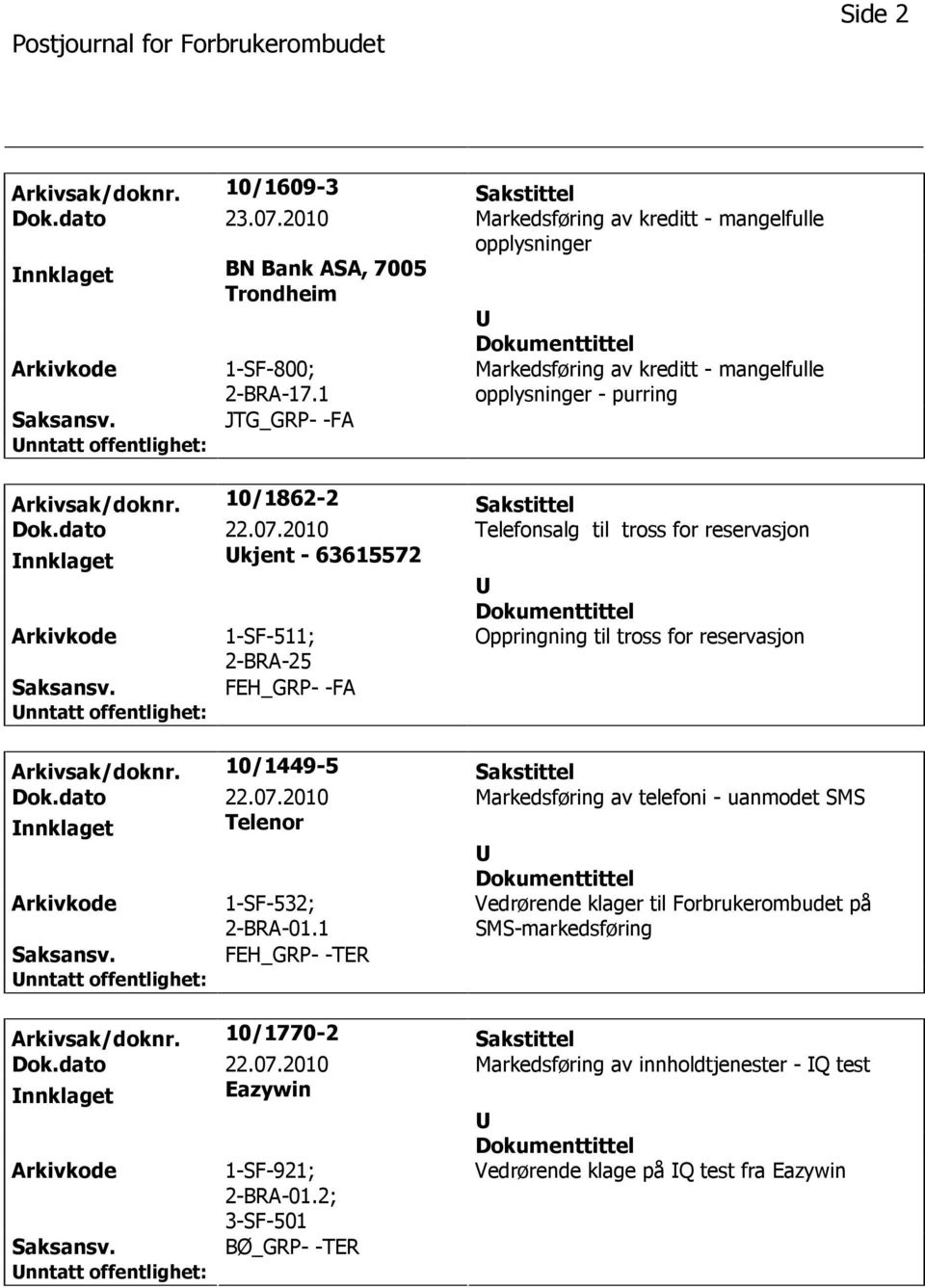 2010 Telefonsalg til tross for reservasjon nnklaget kjent - 63615572 1-SF-511; Oppringning til tross for reservasjon FEH_GRP- -FA Arkivsak/doknr. 10/1449-5 Sakstittel Dok.dato 22.07.