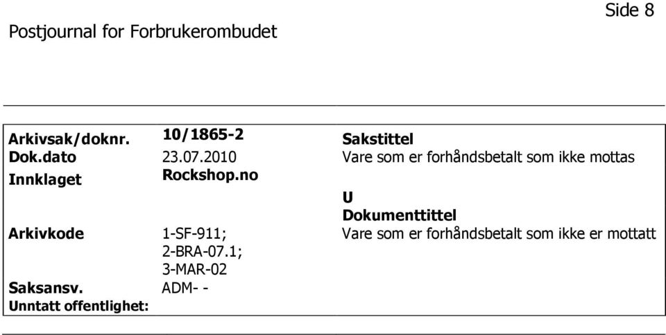 2010 Vare som er forhåndsbetalt som ikke mottas