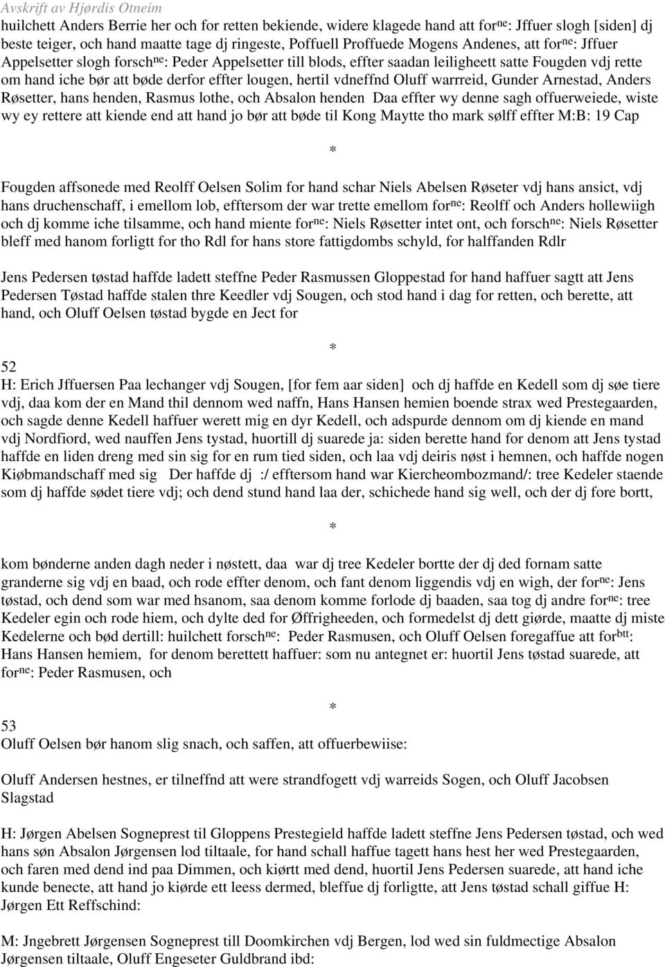 lougen, hertil vdneffnd Oluff warrreid, Gunder Arnestad, Anders Røsetter, hans henden, Rasmus lothe, och Absalon henden Daa effter wy denne sagh offuerweiede, wiste wy ey rettere att kiende end att