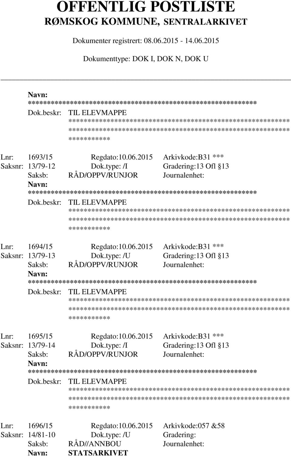 type: /U Gradering:13 Ofl 13 ** Lnr: 1695/15 Regdato:10.06.2015 Arkivkode:B31 *** Saksnr: 13/79-14 Dok.