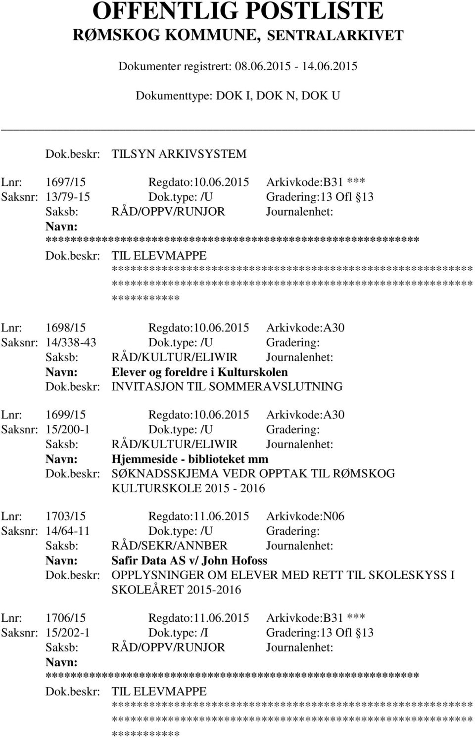 type: /U Gradering: Hjemmeside - biblioteket mm Dok.beskr: SØKNADSSKJEMA VEDR OPPTAK TIL RØMSKOG KULTURSKOLE 2015-2016 Lnr: 1703/15 Regdato:11.06.2015 Arkivkode:N06 Saksnr: 14/64-11 Dok.