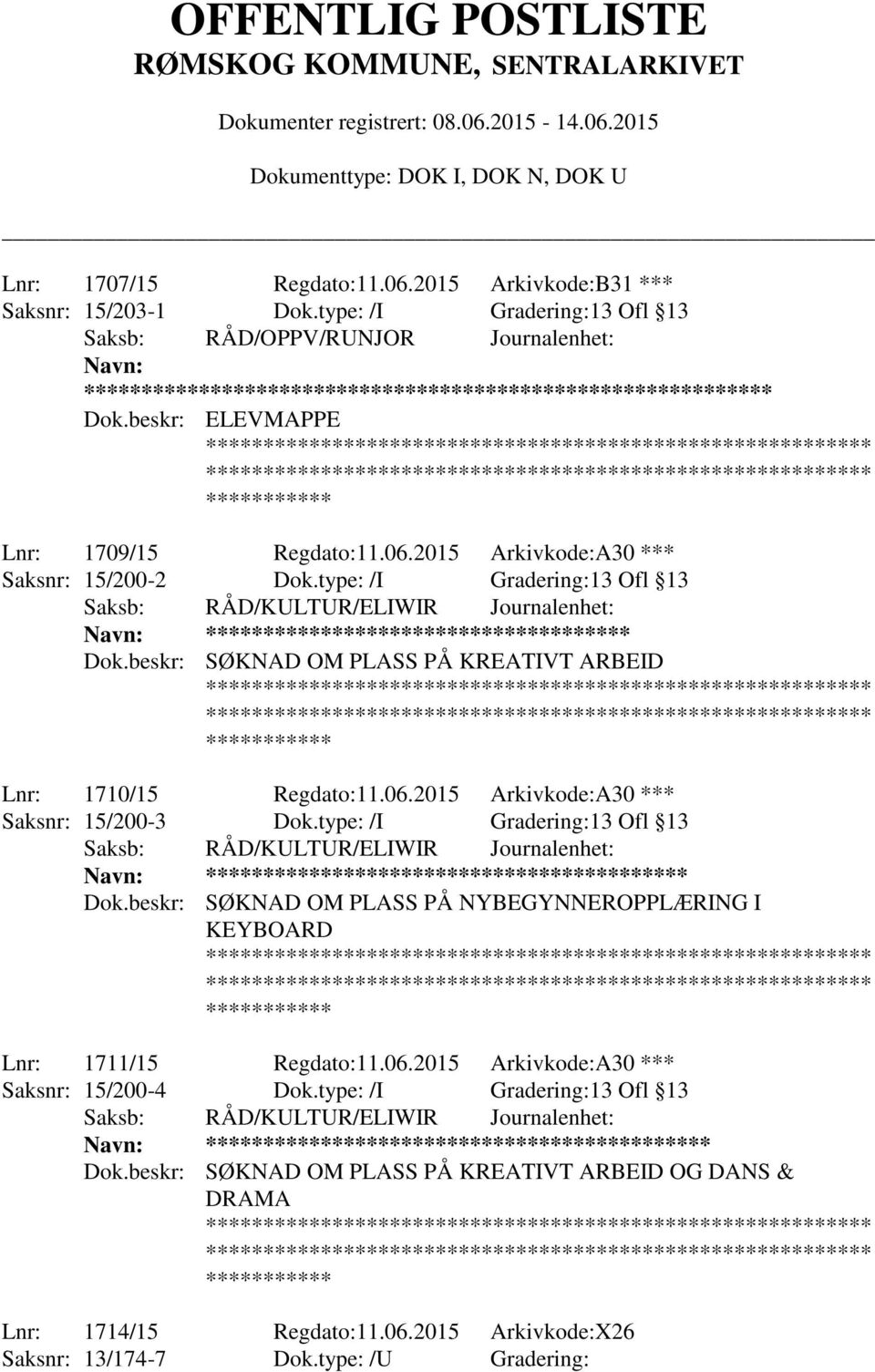 type: /I Gradering:13 Ofl 13 ********* Dok.beskr: SØKNAD OM PLASS PÅ NYBEGYNNEROPPLÆRING I KEYBOARD Lnr: 1711/15 Regdato:11.06.2015 Arkivkode:A30 *** Saksnr: 15/200-4 Dok.