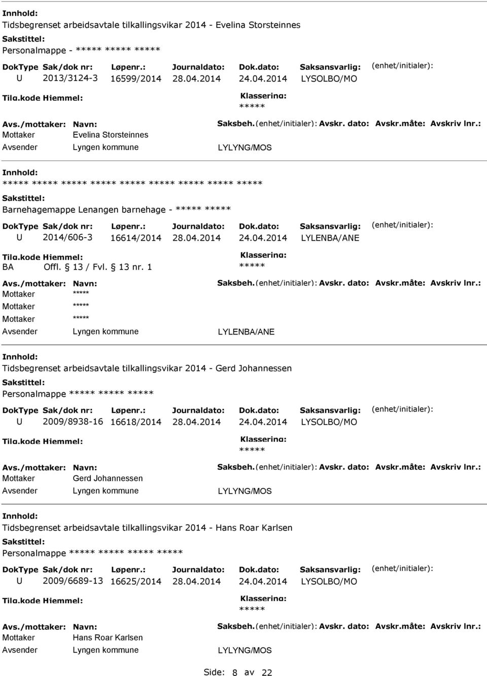 1 LYLENBA/ANE Tidsbegrenset arbeidsavtale tilkallingsvikar 2014 - Gerd Johannessen Personalmappe 2009/8938-16 16618/2014 LYSOLBO/MO Gerd