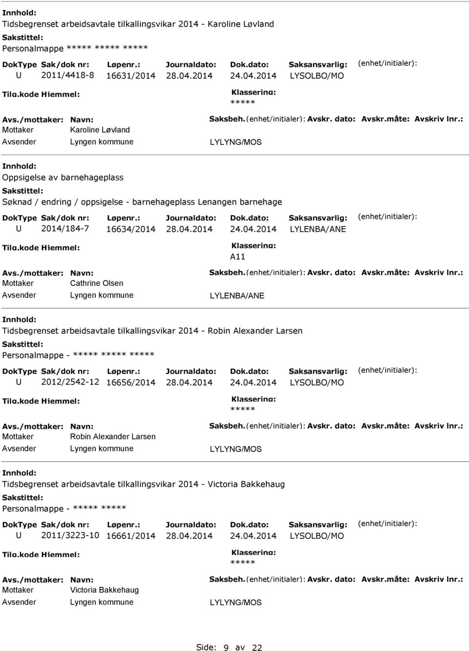 Tidsbegrenset arbeidsavtale tilkallingsvikar 2014 - Robin Alexander Larsen Personalmappe - 2012/2542-12 16656/2014 LYSOLBO/MO Robin Alexander Larsen