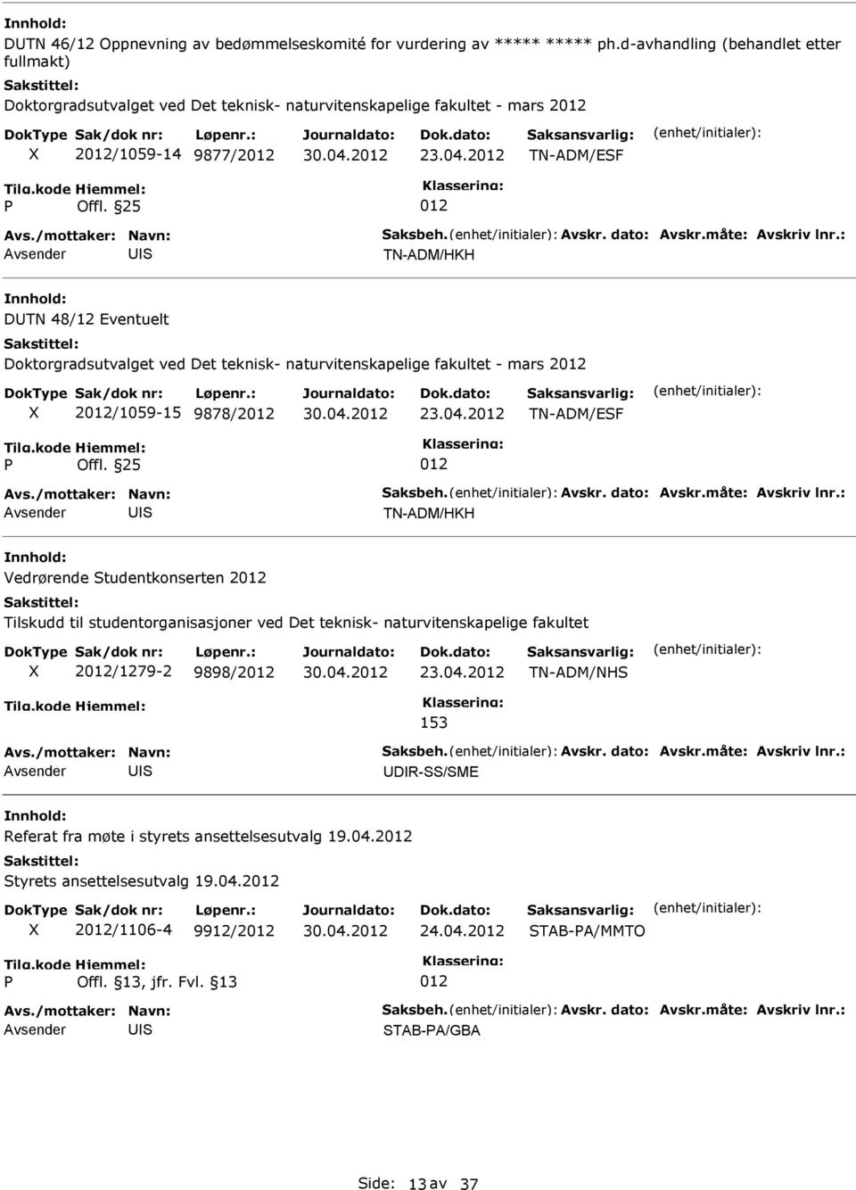 2 TN-ADM/ESF S TN-ADM/HKH DTN 48/12 Eventuelt Doktorgradsutvalget ved Det teknisk- naturvitenskapelige fakultet - mars 2 2/1059-15 9878/2 23.04.