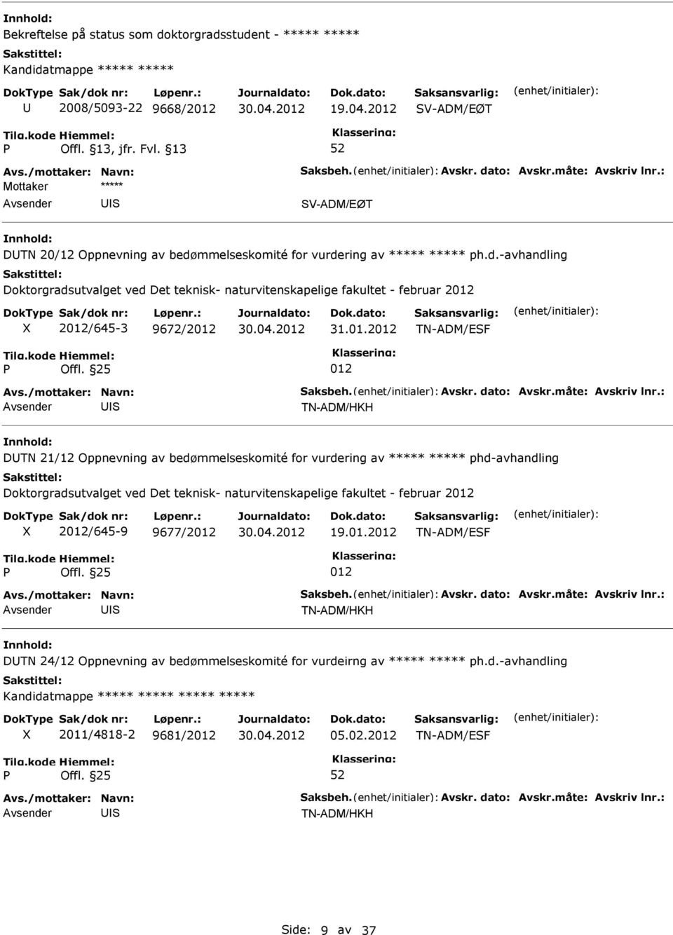 01.2 TN-ADM/ESF S TN-ADM/HKH DTN 21/12 Oppnevning av bedømmelseskomité for vurdering av ***** ***** phd-avhandling Doktorgradsutvalget ved Det teknisk- naturvitenskapelige fakultet -