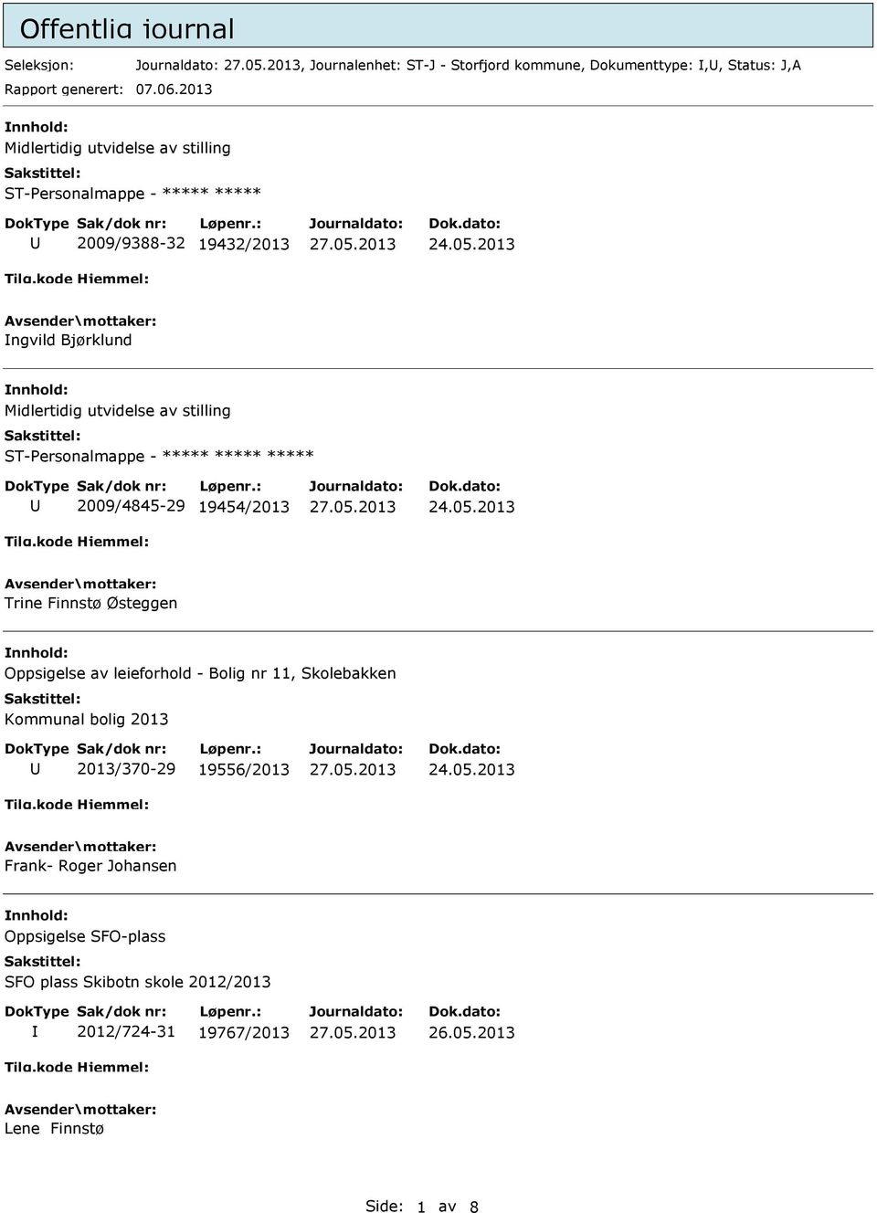 stilling ST-Personalmappe - ***** ***** ***** U 2009/4845-29 19454/2013 Trine Finnstø Østeggen nnhold: Oppsigelse av leieforhold - Bolig nr 11, Skolebakken