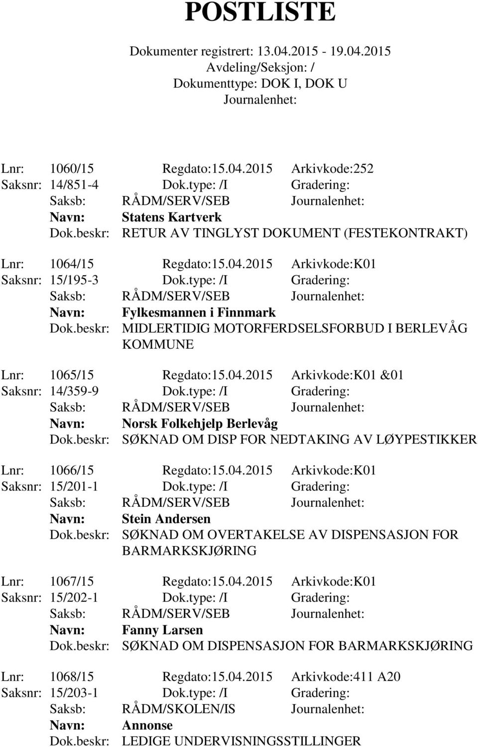 type: /I Gradering: Navn: Norsk Folkehjelp Berlevåg Dok.beskr: SØKNAD OM DISP FOR NEDTAKING AV LØYPESTIKKER Lnr: 1066/15 Regdato:15.04.2015 Arkivkode:K01 Saksnr: 15/201-1 Dok.