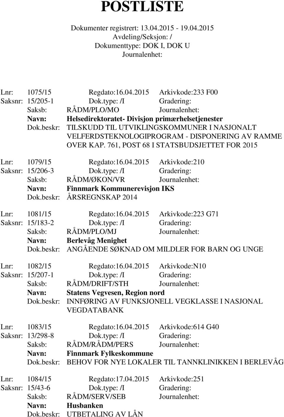 2015 Arkivkode:210 Saksnr: 15/206-3 Dok.type: /I Gradering: Saksb: RÅDM/ØKON/VR Navn: Finnmark Kommunerevisjon IKS Dok.beskr: ÅRSREGNSKAP 2014 Lnr: 1081/15 Regdato:16.04.