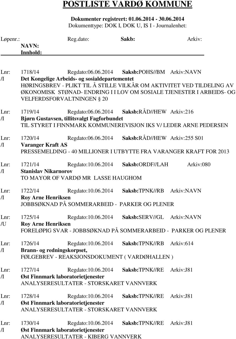 TJENESTER I ARBEIDS- OG VELFERDSFORVALTNINGEN 20 Lnr: 1719/14 Regdato:06.