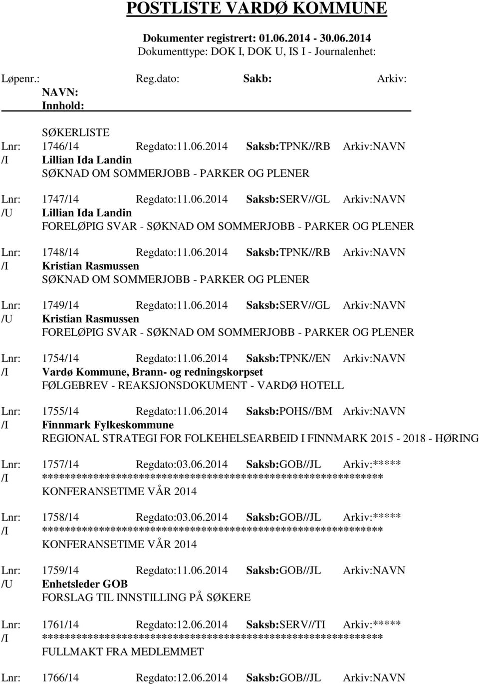 06.2014 Saksb:TPNK//EN Arkiv:NAVN /I Vardø Kommune, Brann- og redningskorpset FØLGEBREV - REAKSJONSDOKUMENT - VARDØ HOTELL Lnr: 1755/14 Regdato:11.06.2014 Saksb:POHS//BM Arkiv:NAVN /I Finnmark Fylkeskommune REGIONAL STRATEGI FOR FOLKEHELSEARBEID I FINNMARK 2015-2018 - HØRING Lnr: 1757/14 Regdato:03.