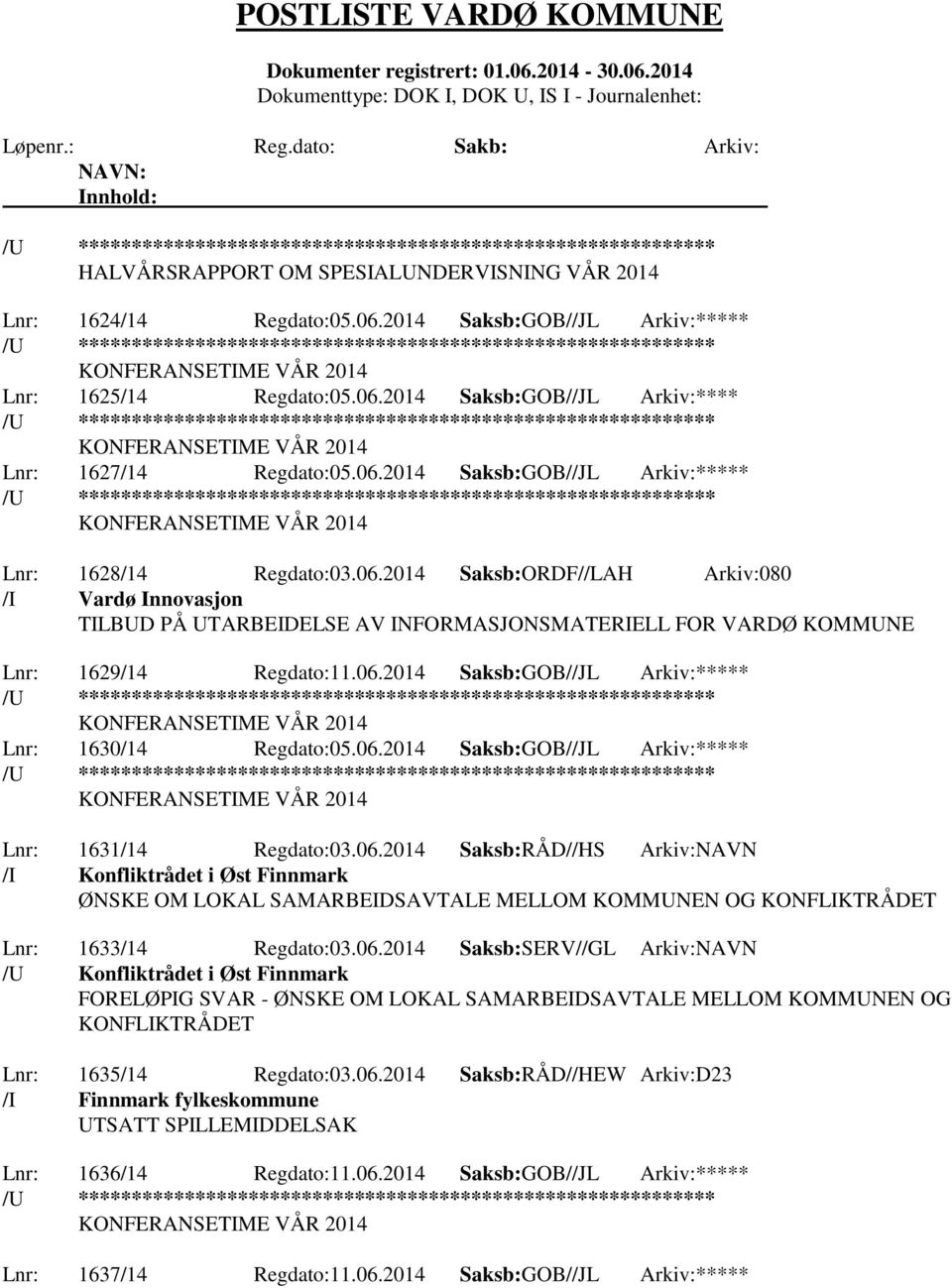 06.2014 Saksb:GOB//JL Arkiv:***** Lnr: 1631/14 Regdato:03.06.2014 Saksb:RÅD//HS Arkiv:NAVN /I Konfliktrådet i Øst Finnmark ØNSKE OM LOKAL SAMARBEIDSAVTALE MELLOM KOMMUNEN OG KONFLIKTRÅDET Lnr: 1633/14 Regdato:03.