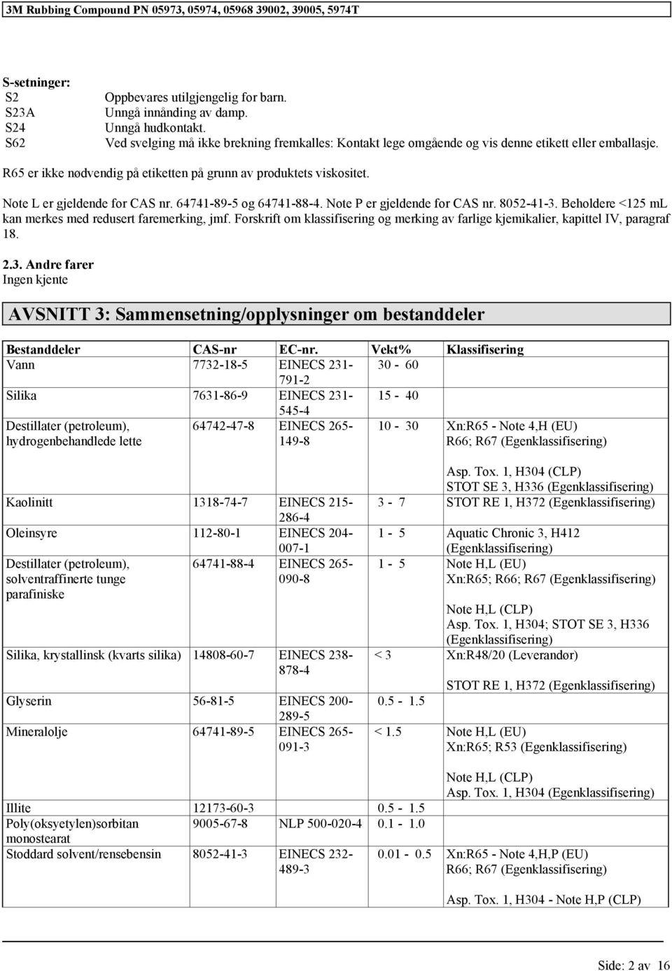 Note L er gjeldende for CAS nr. 64741-89-5 og 64741-88-4. Note P er gjeldende for CAS nr. 8052-41-3. Beholdere <125 ml kan merkes med redusert faremerking, jmf.