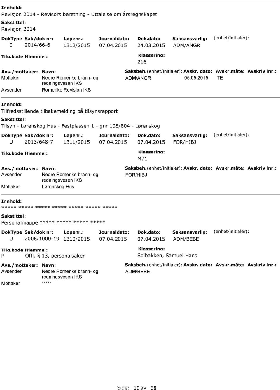 05.2015 TE Avsender Romerike Revisjon KS Tilfredsstillende tilbakemelding på tilsynsrapport Tilsyn - Lørenskog Hus - Festplassen 1 - gnr 108/804 - Lørenskog 2013/648-7 1311/2015 FOR/HBJ Avs.