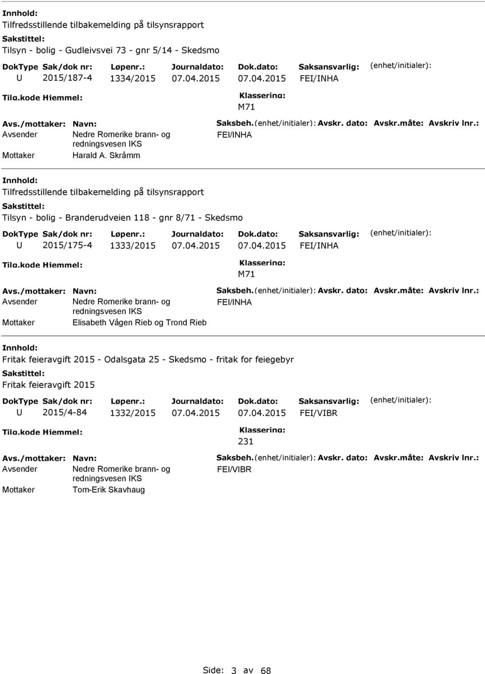 Skråmm Tilfredsstillende tilbakemelding på tilsynsrapport Tilsyn - bolig - Branderudveien 118 - gnr 8/71 - Skedsmo 2015/175-4 1333/2015 Avs./mottaker: Navn: Saksbeh. Avskr.