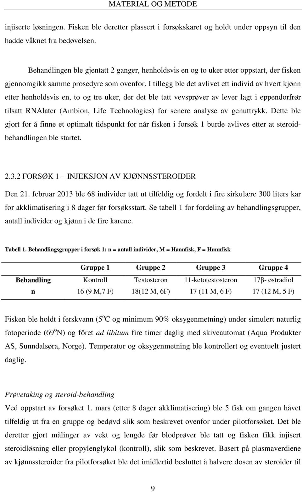 I tillegg ble det avlivet ett individ av hvert kjønn etter henholdsvis en, to og tre uker, der det ble tatt vevsprøver av lever lagt i eppendorfrør tilsatt RNAlater (Ambion, Life Technologies) for