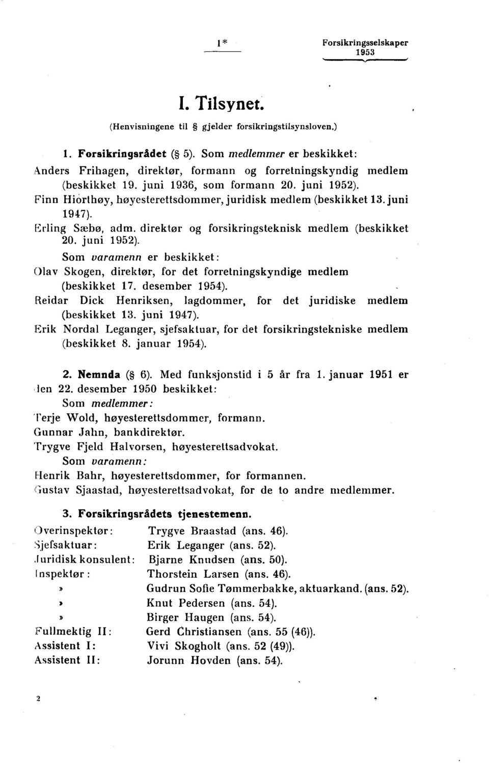 Finn Hiórthøy, høyesterettsdommer, juridisk medlem (beskikket 1. juni 1947). Erling Sæbø, adm. direktør og forsikringsteknisk medlem (beskikket 0. juni 195).