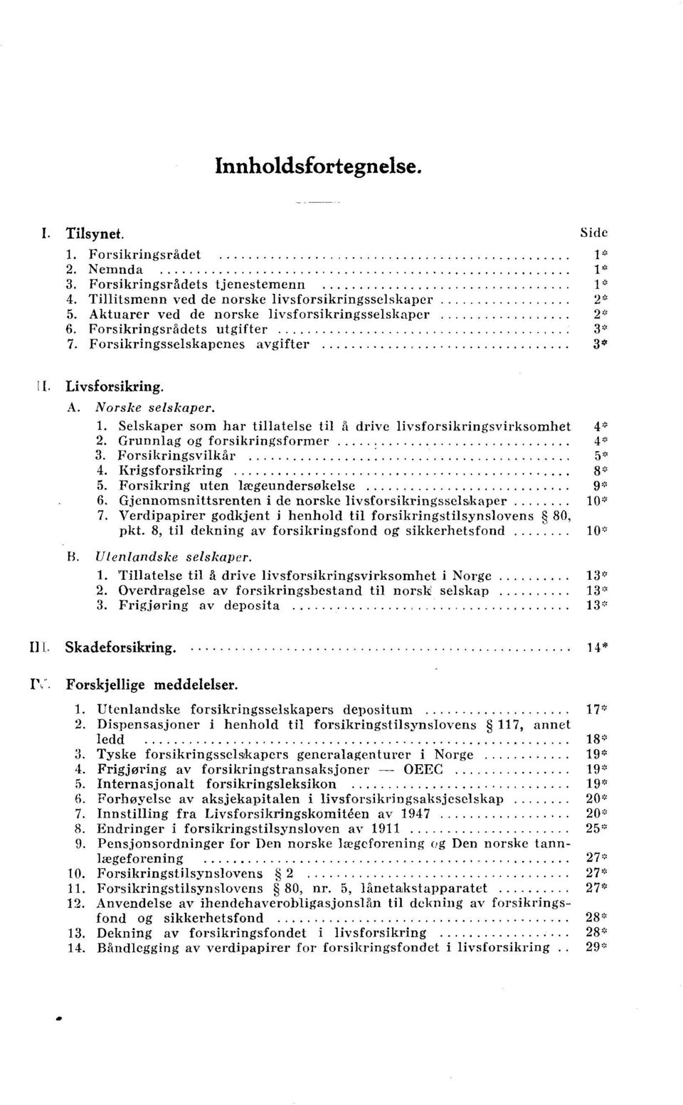 Selskaper som har tillatelse til å drive livsforsikringsvirksomhet 4*. Grunnlag og forsikringsformer 4*. Forsikringsvilkår 5* 4. Krigsforsikring 8* 5. Forsikring uten lægeundersøkelse 9* 6.