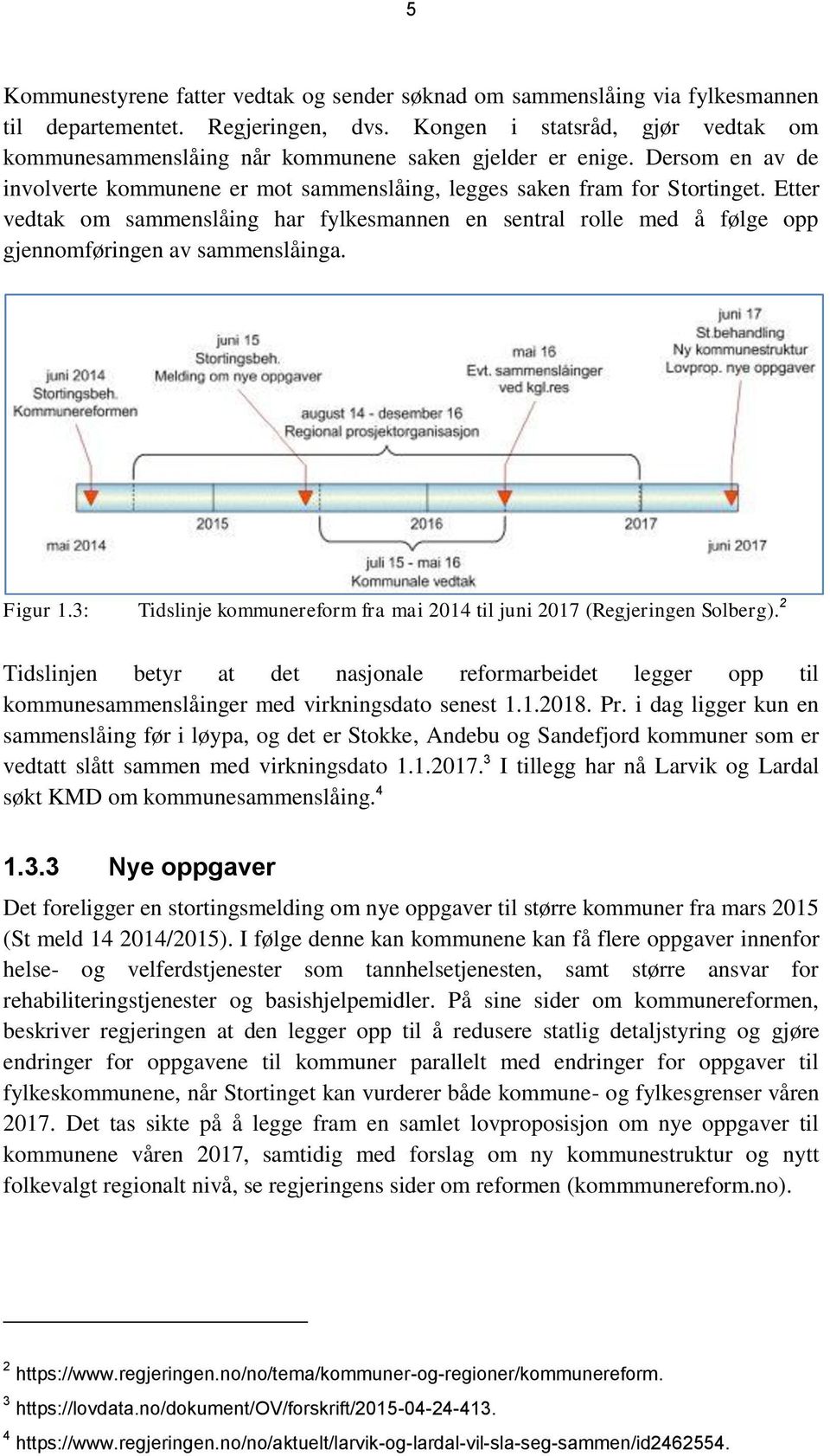 Etter vedtak om sammenslåing har fylkesmannen en sentral rolle med å følge opp gjennomføringen av sammenslåinga. Figur 1.3: Tidslinje kommunereform fra mai 2014 til juni 2017 (Regjeringen Solberg).