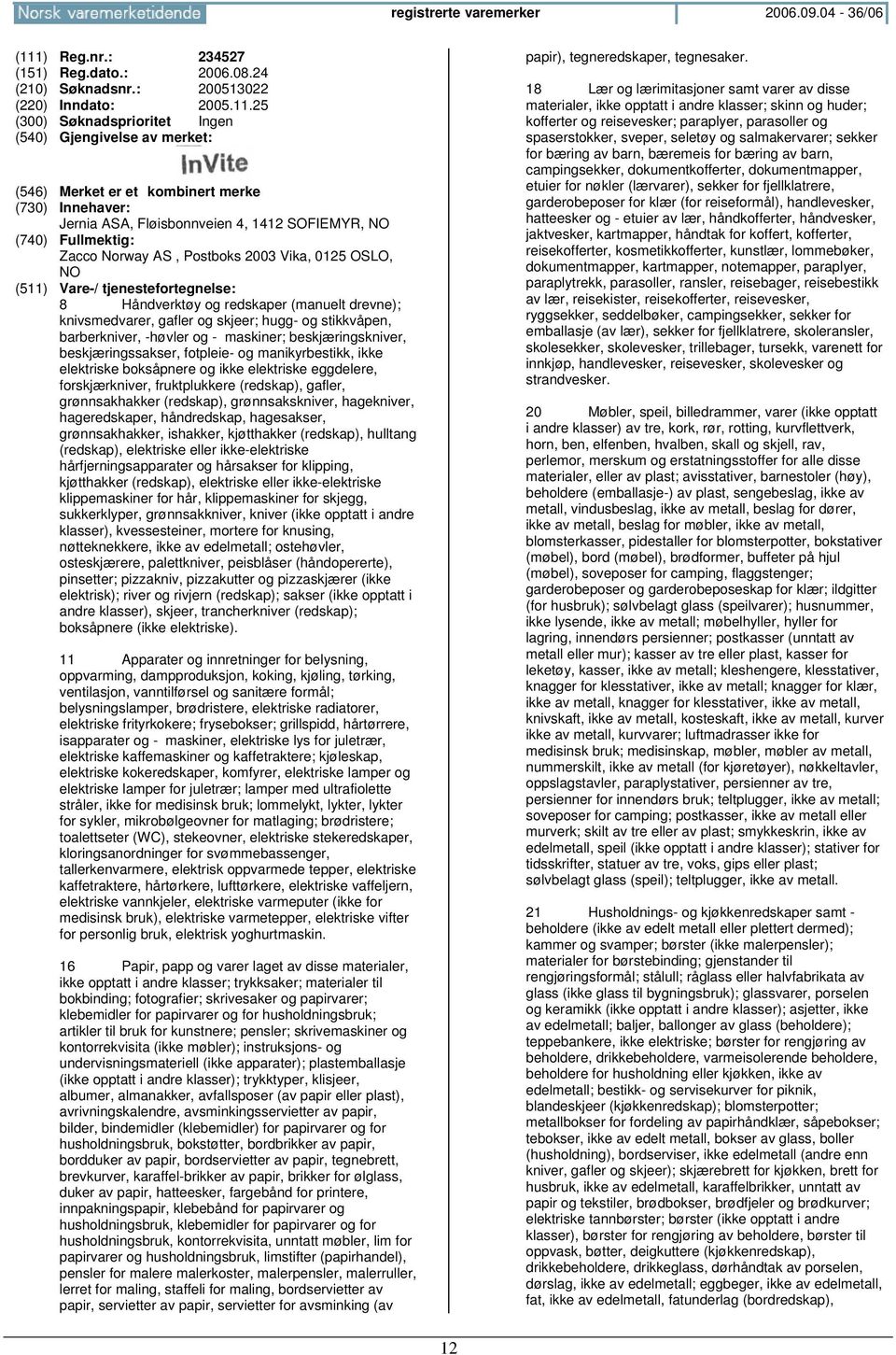25 Jernia ASA, Fløisbonnveien 4, 1412 SOFIEMYR, Zacco Norway AS, Postboks 2003 Vika, 0125 OSLO, 8 Håndverktøy og redskaper (manuelt drevne); knivsmedvarer, gafler og skjeer; hugg- og stikkvåpen,