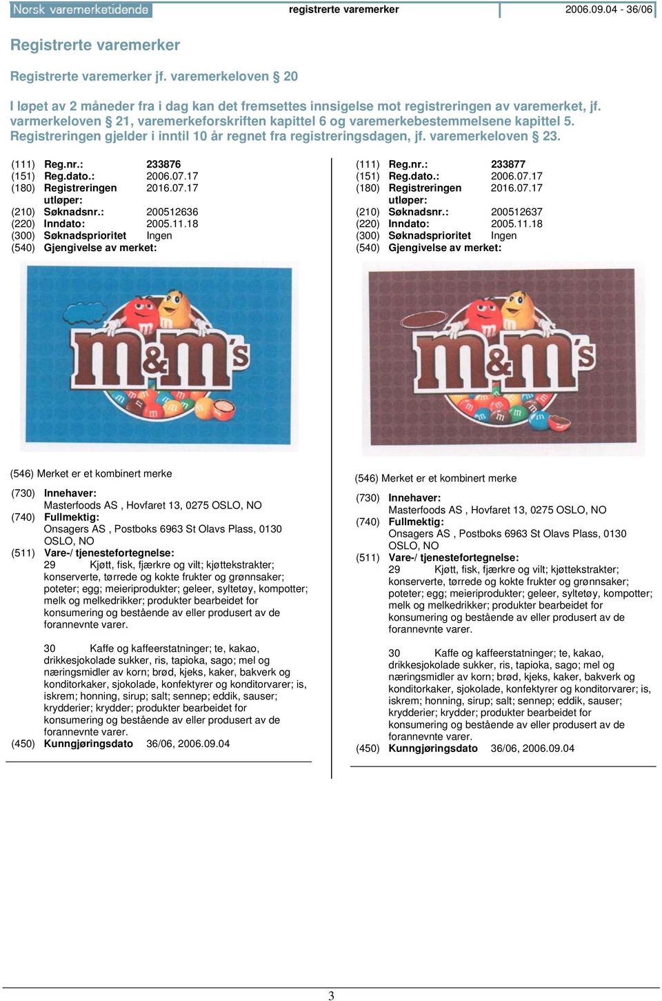 varmerkeloven 21, varemerkeforskriften kapittel 6 og varemerkebestemmelsene kapittel 5. Registreringen gjelder i inntil 10 år regnet fra registreringsdagen, jf. varemerkeloven 23. (111) Reg.nr.