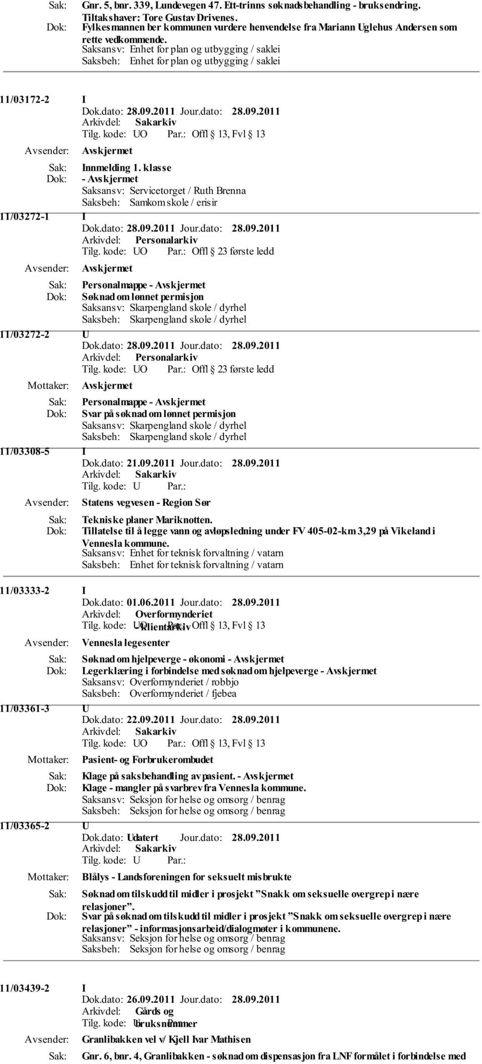 Saksansv: Enhet for plan og utbygging / saklei Saksbeh: Enhet for plan og utbygging / saklei 11/03172-2 I Tilg. kode: UO Offl 13, Fvl 13 Avskjermet Innmelding 1.