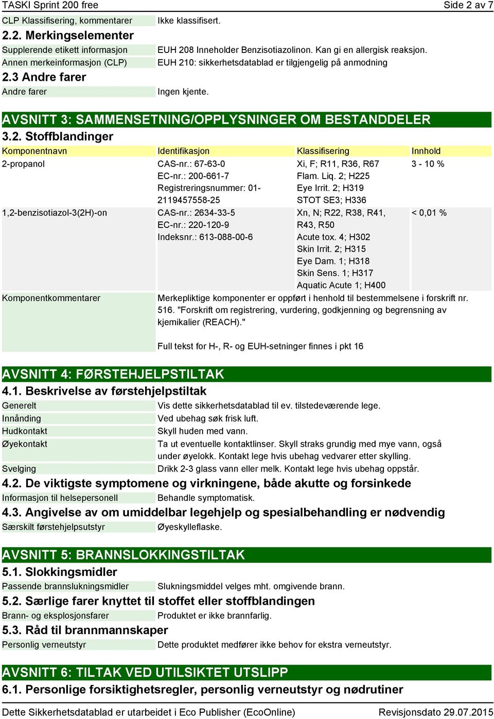 : 67-63-0 EC-nr.: 200-661-7 Registreringsnummer: 01-2119457558-25 1,2-benzisotiazol-3(2H)-on CAS-nr.: 2634-33-5 EC-nr.: 220-120-9 Indeksnr.