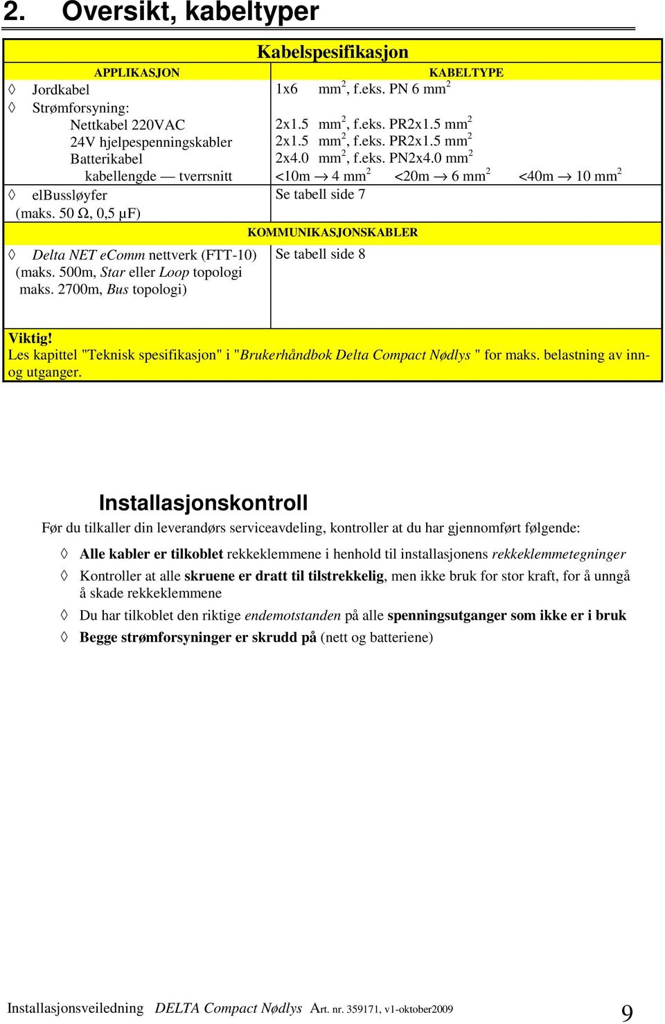 500m, Star eller Loop topologi maks. 700m, Bus topologi) KOMMUNIKASJONSKABLER Se tabell side 8 Viktig! Les kapittel "Teknisk spesifikasjon" i "Brukerhåndbok Delta Compact Nødlys " for maks.