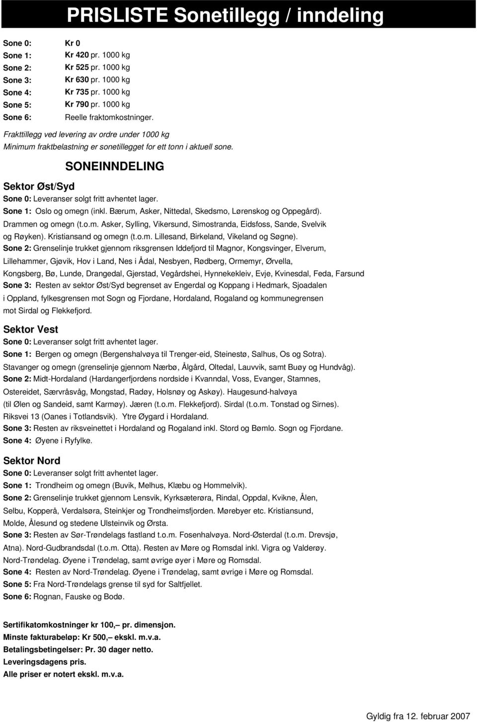 SONEINNDELING Sektor Øst/Syd Sone 0: Leveranser solgt fritt avhentet lager. Sone 1: Oslo og omegn (inkl. Bærum, Asker, Nittedal, Skedsmo, Lørenskog og Oppegård). Drammen og omegn (t.o.m. Asker, Sylling, Vikersund, Simostranda, Eidsfoss, Sande, Svelvik og Røyken).