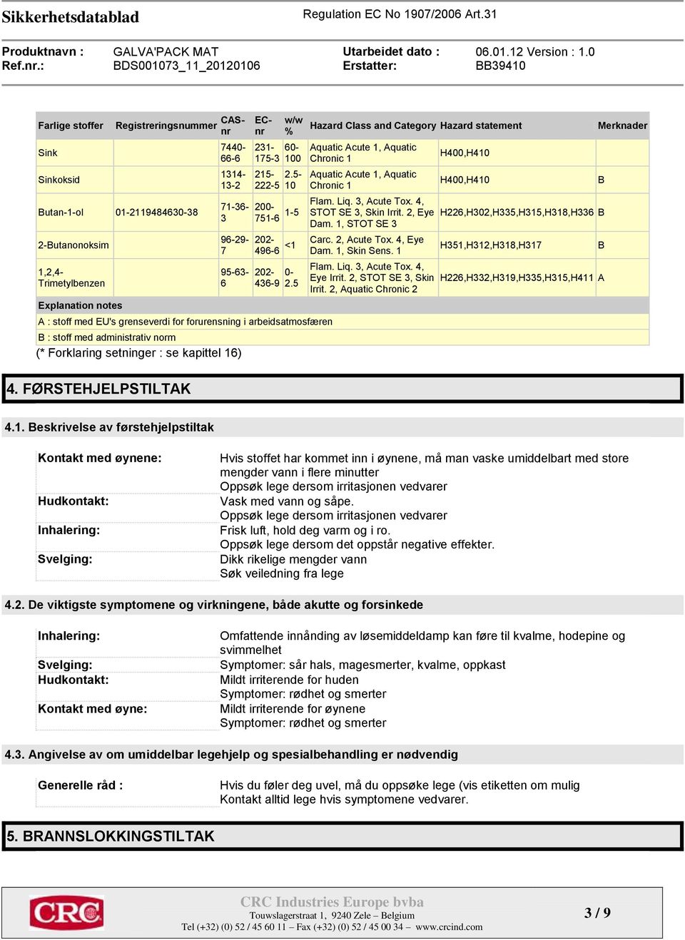 5-222-5 10 Hazard Class and Category Hazard statement Aquatic Acute 1, Aquatic Chronic 1 Aquatic Acute 1, Aquatic Chronic 1 H400,H410 H400,H410 202-496-6 <1 Carc. 2, Acute Tox. 4, Eye Dam.