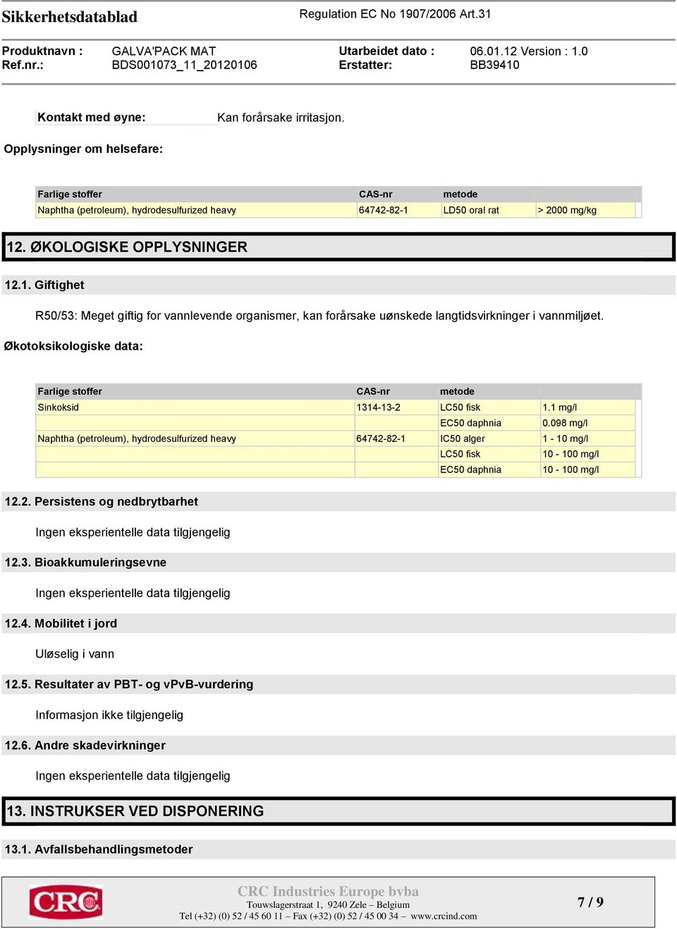 Økotoksikologiske data: Farlige stoffer CAS-nr metode Sinkoksid 1314-13-2 LC50 fisk 1.1 mg/l EC50 daphnia 0.