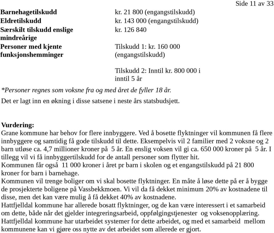 Det er lagt inn en økning i disse satsene i neste års statsbudsjett. Vurdering: Grane kommune har behov for flere innbyggere.