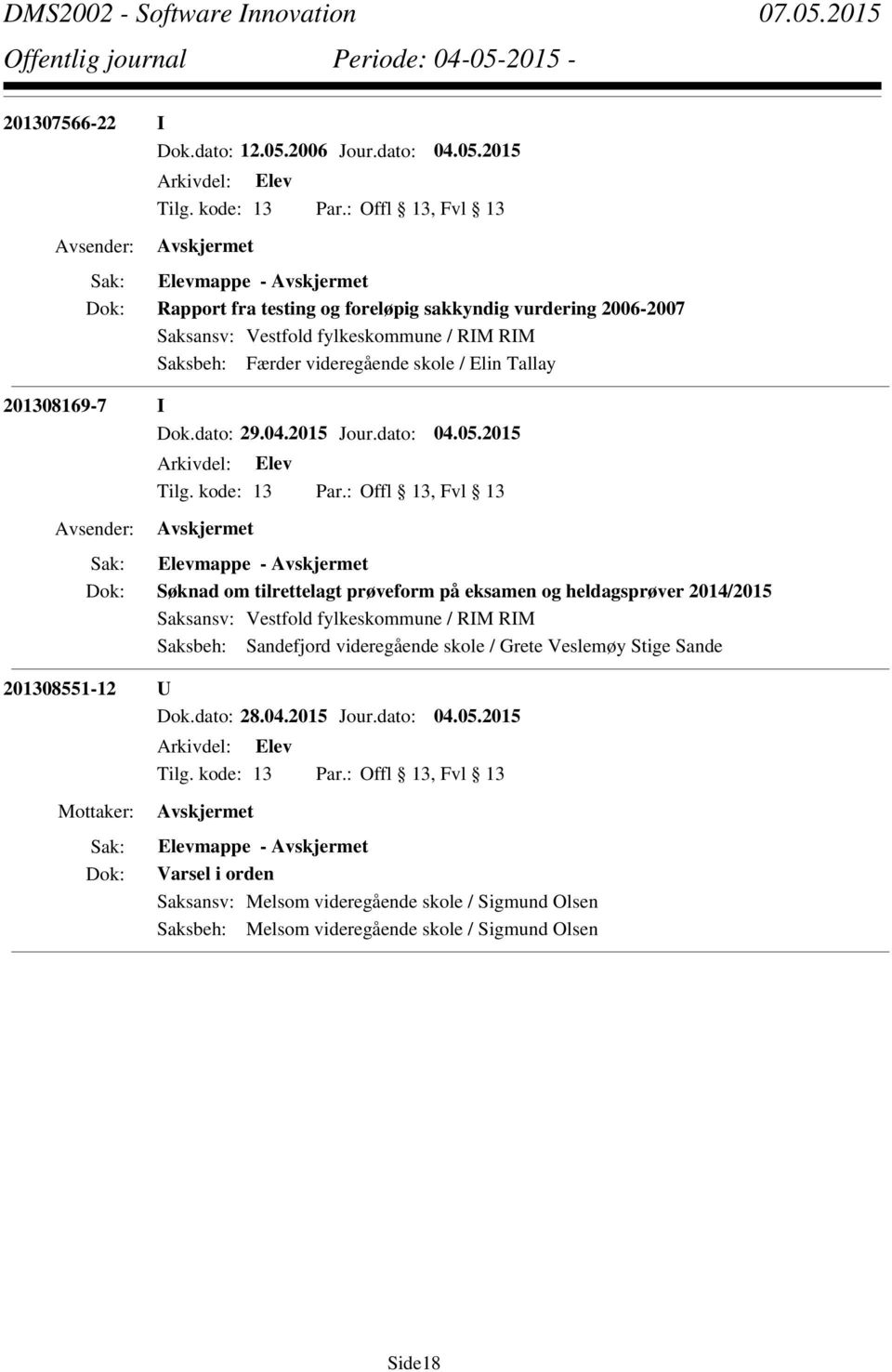 2015 Elevmappe - Rapport fra testing og foreløpig sakkyndig vurdering 2006-2007 Saksbeh: Færder videregående skole / Elin Tallay 201308169-7 I