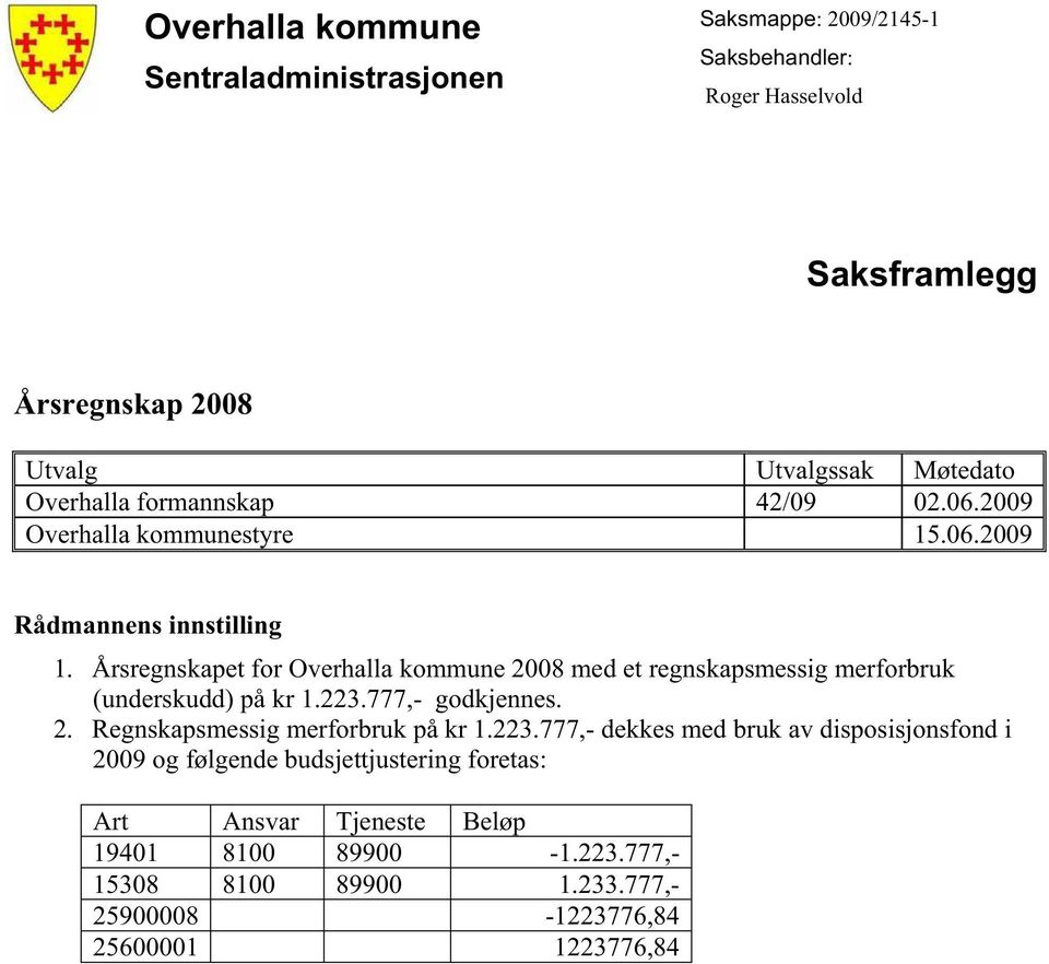 Årsregnskapet for Overhalla kommune 2008 med et regnskapsmessig merforbruk (underskudd) på kr 1.223.777,- godkjennes. 2. Regnskapsmessig merforbruk på kr 1.