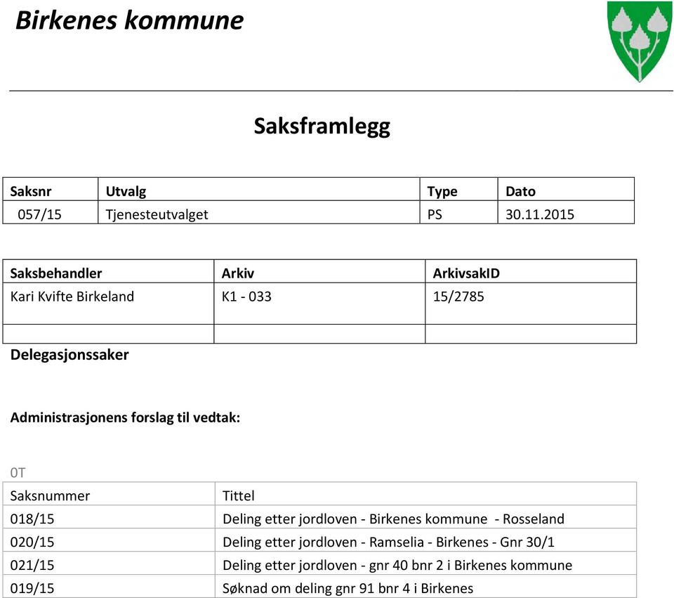 til vedtak: 0T Saksnummer Tittel 018/15 Deling etter jordloven - Birkenes kommune - Rosseland 020/15 Deling etter