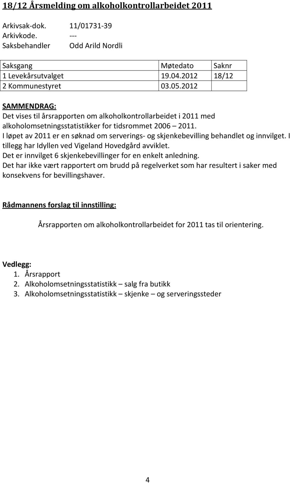 I løpet av 2011 er en søknad om serverings- og skjenkebevilling behandlet og innvilget. I tillegg har Idyllen ved Vigeland Hovedgård avviklet.