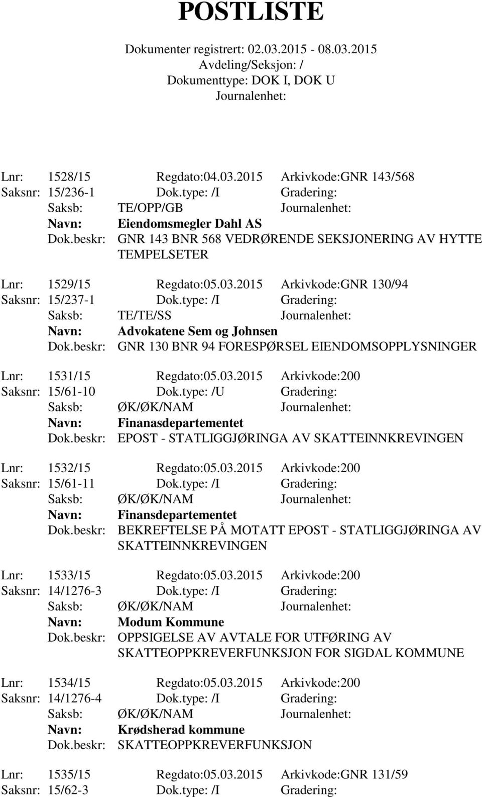 type: /I Gradering: Saksb: TE/TE/SS Advokatene Sem og Johnsen Dok.beskr: GNR 130 BNR 94 FORESPØRSEL EIENDOMSOPPLYSNINGER Lnr: 1531/15 Regdato:05.03.2015 Arkivkode:200 Saksnr: 15/61-10 Dok.