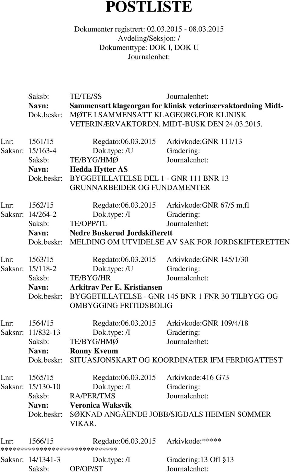 beskr: BYGGETILLATELSE DEL 1 - GNR 111 BNR 13 GRUNNARBEIDER OG FUNDAMENTER Lnr: 1562/15 Regdato:06.03.2015 Arkivkode:GNR 67/5 m.fl Saksnr: 14/264-2 Dok.